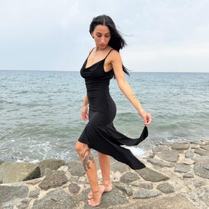 Vintage Y2K Black Dress, Asymmetrical Cowl Neck Ruffle Hem Evening Party 2000s – Size S