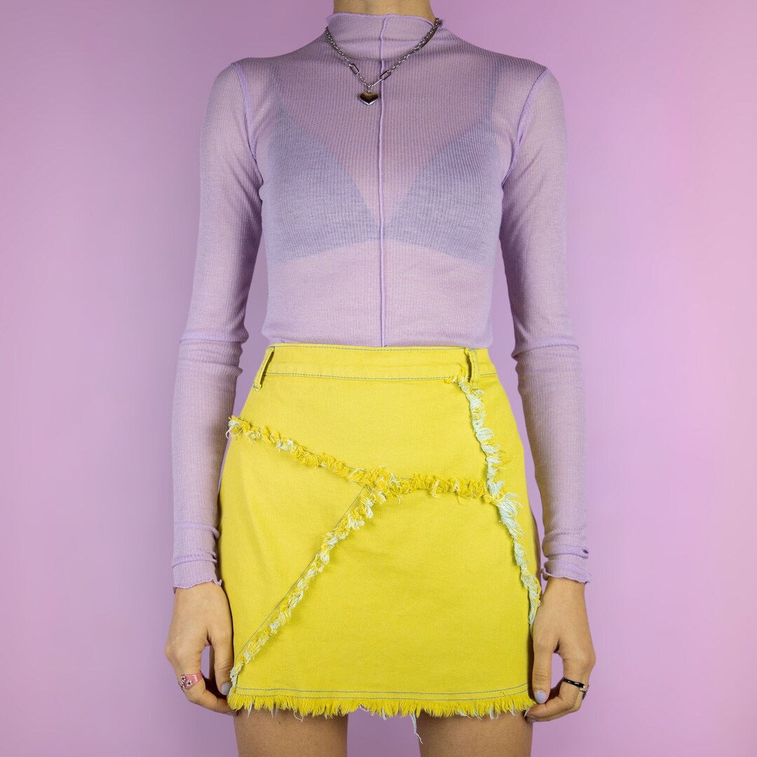 Vintage Y2K Cyber Mini Skirt Grunge Asymmetric Yellow Frayed Skirt