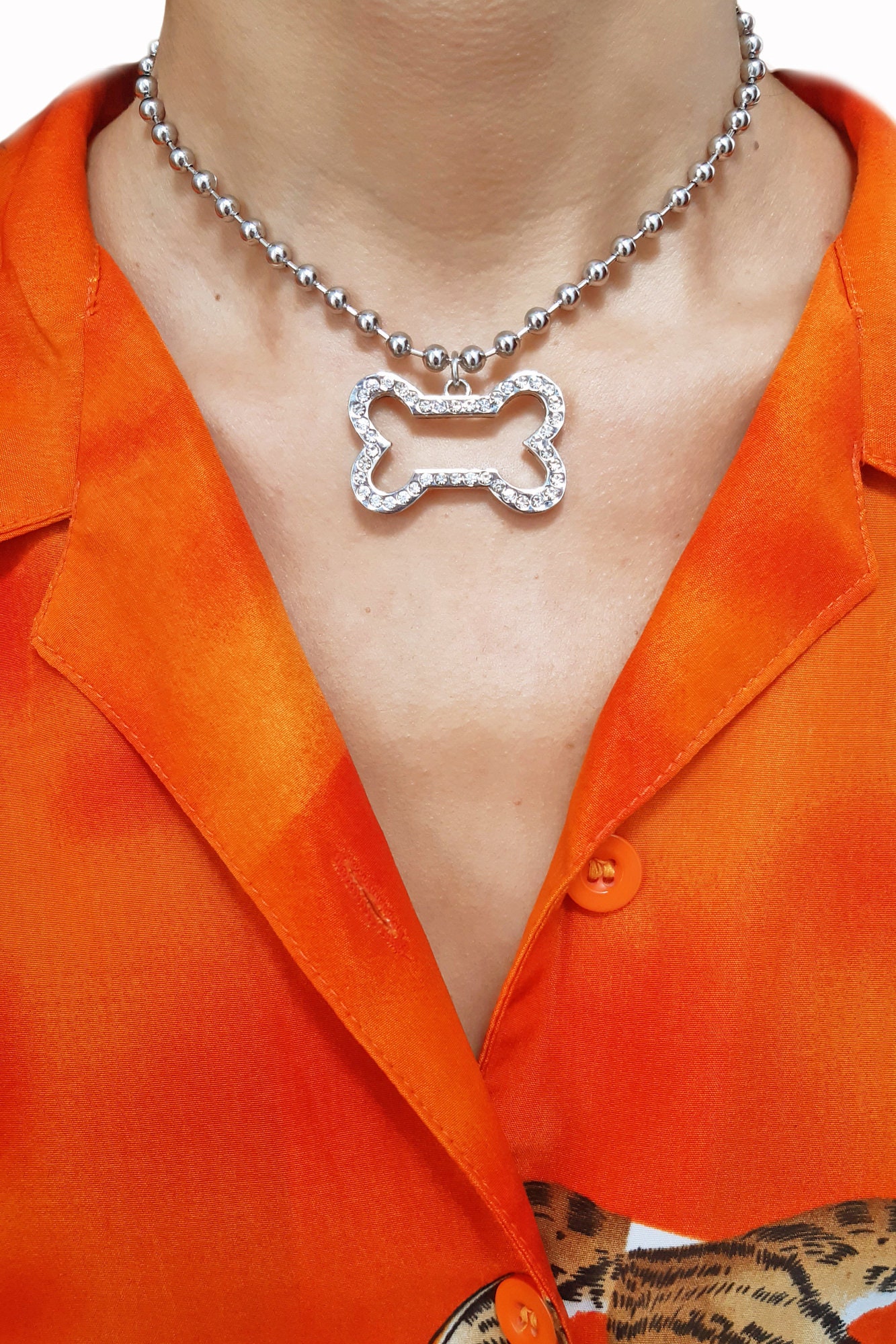 Y2k Dog Bone Rhinestone Necklace Chunky 