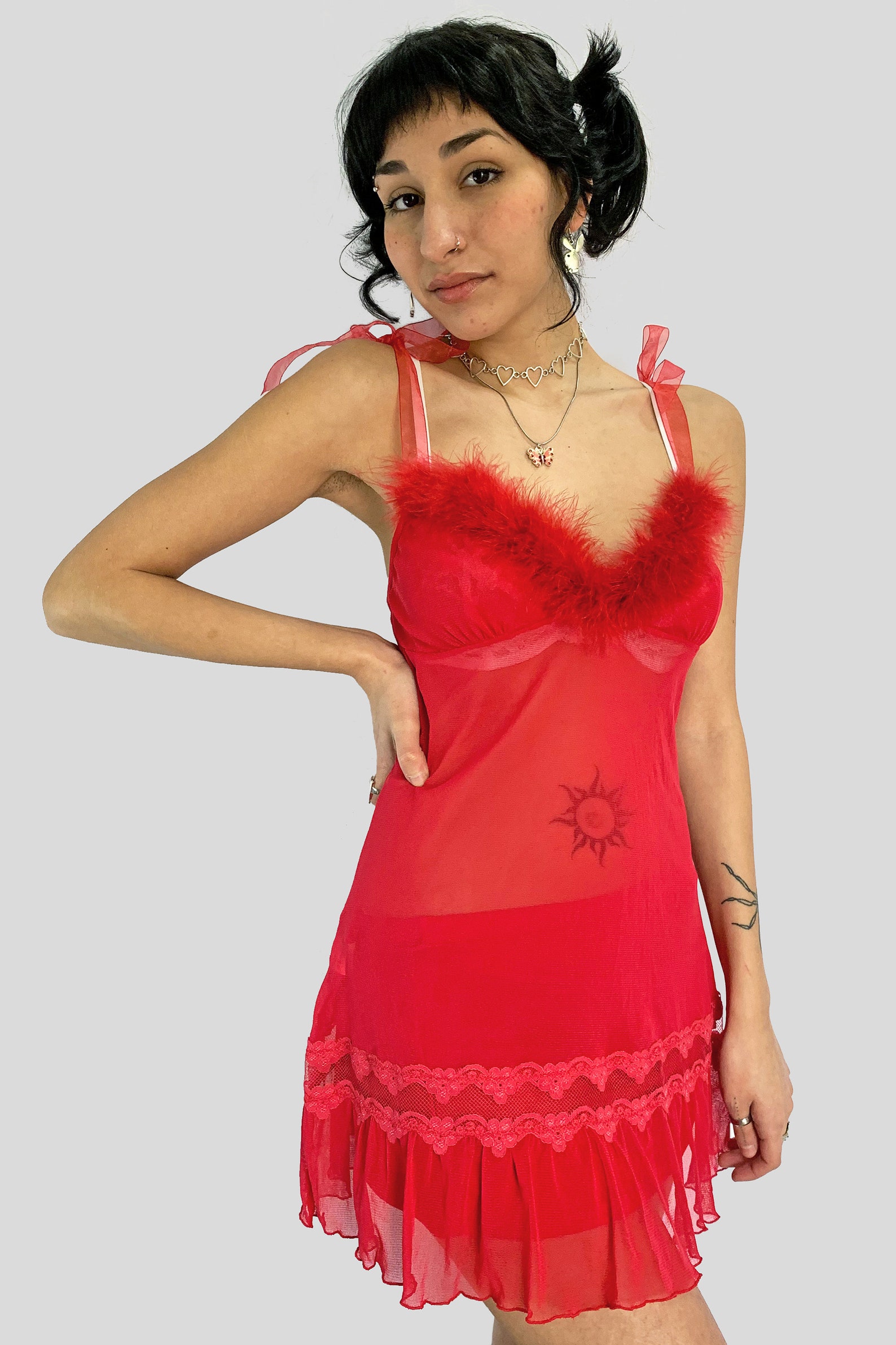 90s Y2K Red Sheer Babydoll Feather Trim Lace Mesh Nightie Etsy