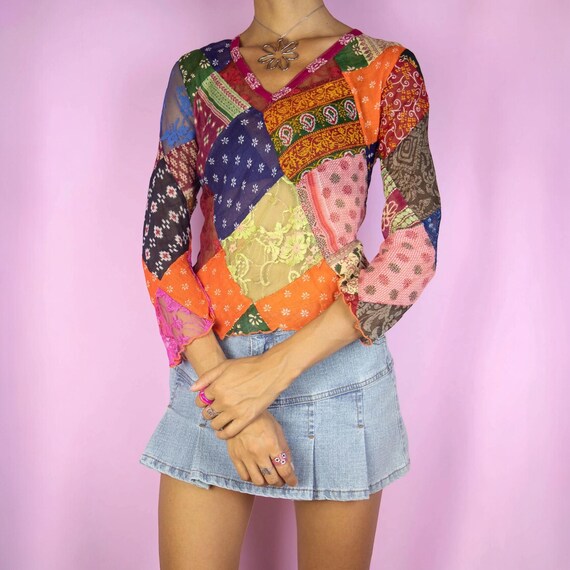 Buy Vintage 90s Patchwork Sheer Lace Top Size Small Online in 