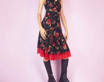 Vintage Black Lace Dress Halter Floral Y2K - Size Small