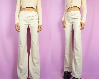 Vintage Y2K Flare Pants Beige Cyber Belted Mid Rise Wide Pants 2000s - Size Medium