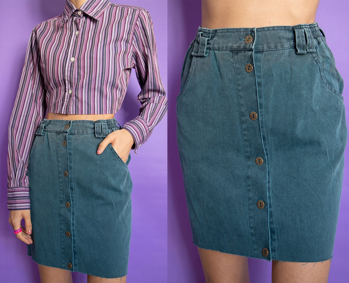 90s Dark Green Button Mini Skirt Raw Hem Jean Denim Cute Fairy Etsy
