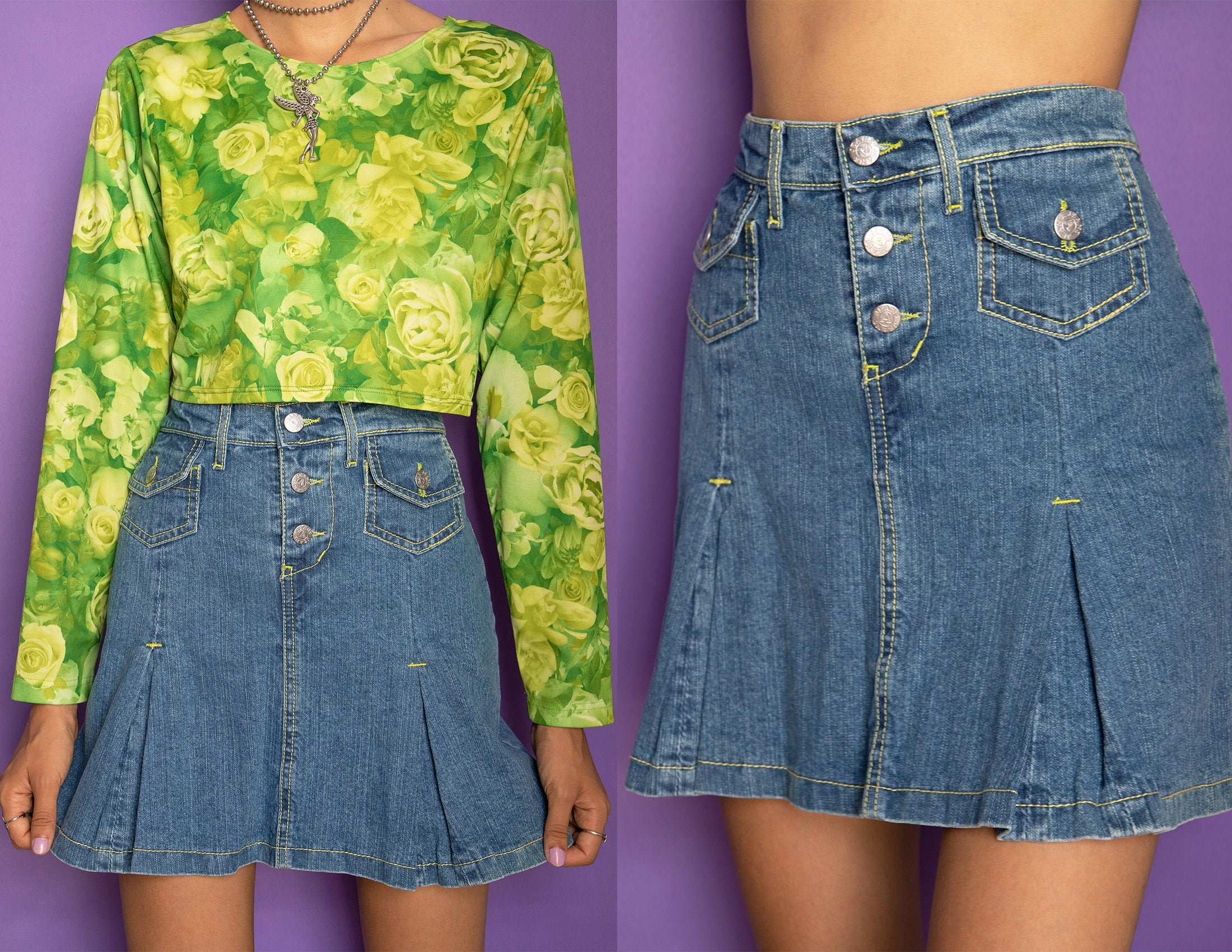 90s Y2K Pleated Jean Denim Mini Skirt Egirl Cyber Fairy Grunge Etsy