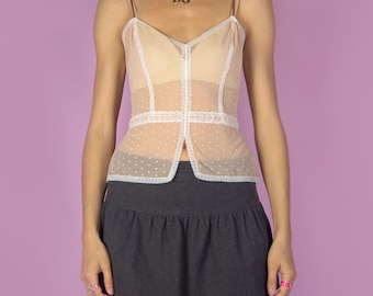 Vintage Y2K Lace Mesh Cami Top Pink Beige Sheer Camisole 2000s - Size Small