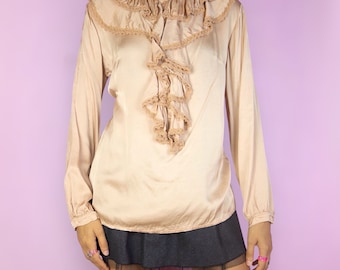Vintage Y2K Elegant Ruffle Blouse Rose Gold Evening Party Romantic Shirt 2000s - Size Medium