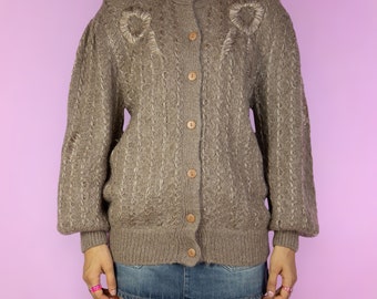 Vintage 90s Brown Knit Cardigan Wool Mohair Puff Sleeve Winter Sweater - Size Medium