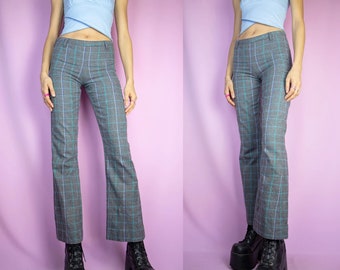 Pantalon évasé gris Y2K vintage à carreaux, pantalon de bureau preppy à carreaux, années 2000 - Taille XS