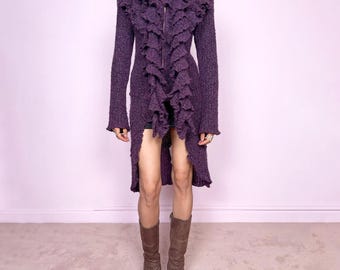 Vintage Purple Cardigan Ruffle Longline Avant Garde Y2K 2000s Size M