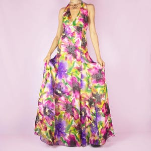 Vintage Floral Maxi Dress, Halter Tie Neck Watercolor Backless Y2K 2000s – Size Small