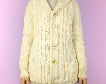 Vintage 90s Wool Knit Cardigan Beige Winter Chunky Hand Knit Sweater - Size Medium