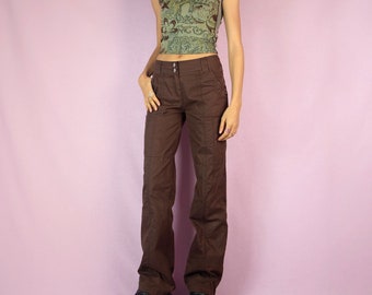 Vintage Y2K Brown Low Rise Pants Cyber Grunge Wide Cargo Pants 2000s - Size Small