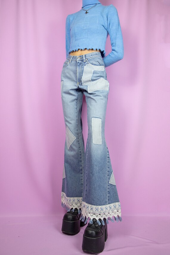 2000s Y2K Flared Jeans Patchwork Pants Denim Trousers… Gem