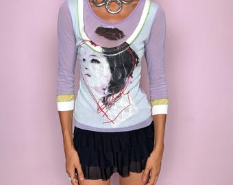 Vintage Mesh Top Pastel Graphic Layered Sheer Avant Garde Art Y2K 2000s Size S