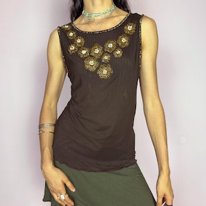 Haut en résille marron vintage, cristal perlé floral sans manches glam des années 2000 - Taille XL