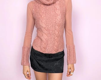 Vintage Pink Mesh Top Mohair Cable Knit Turtleneck Sheer Pastel Y2K 2000s Size M