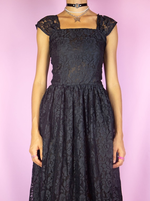 Vintage 90s Black Lace Midi Dress Romantic Sheer … - image 3