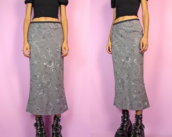 Vintage 90s Gray Trumpet Midi Skirt Fairy Grunge Boho Floral Knit Skirt - Size Medium