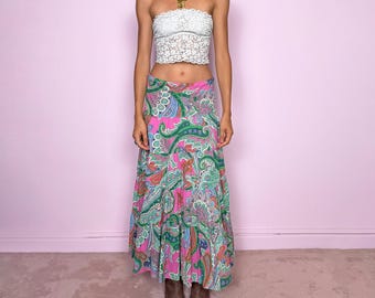 Vintage Maxi Skirt Ralph Lauren Paisley Cotton Pink Green Boho Y2K 2000s Size S