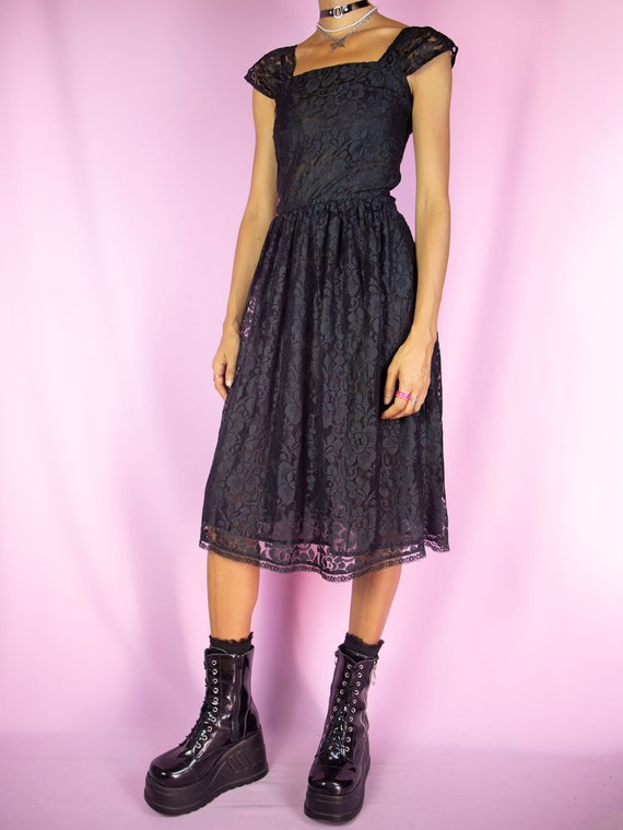 Vintage 90s Black Lace Midi Dress Romantic Sheer … - image 4