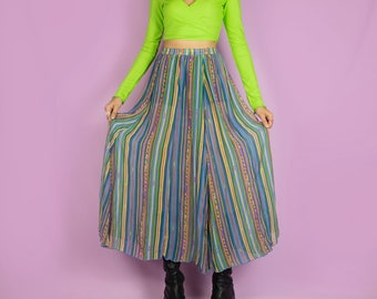 Vintage 90s Boho Midi Skirt Striped Silk Flowy Cover Up Maxi Skirt Summer - Size XS