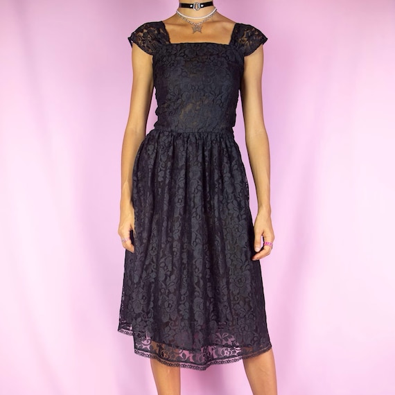 Vintage 90s Black Lace Midi Dress Romantic Sheer … - image 1