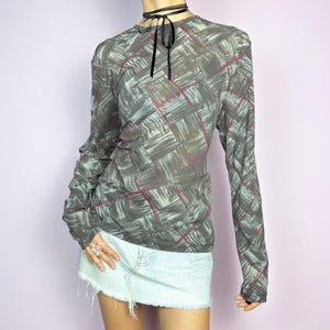 Vintage Khaki Mesh Top, Abstract Print Y2K 2000s – Size XL