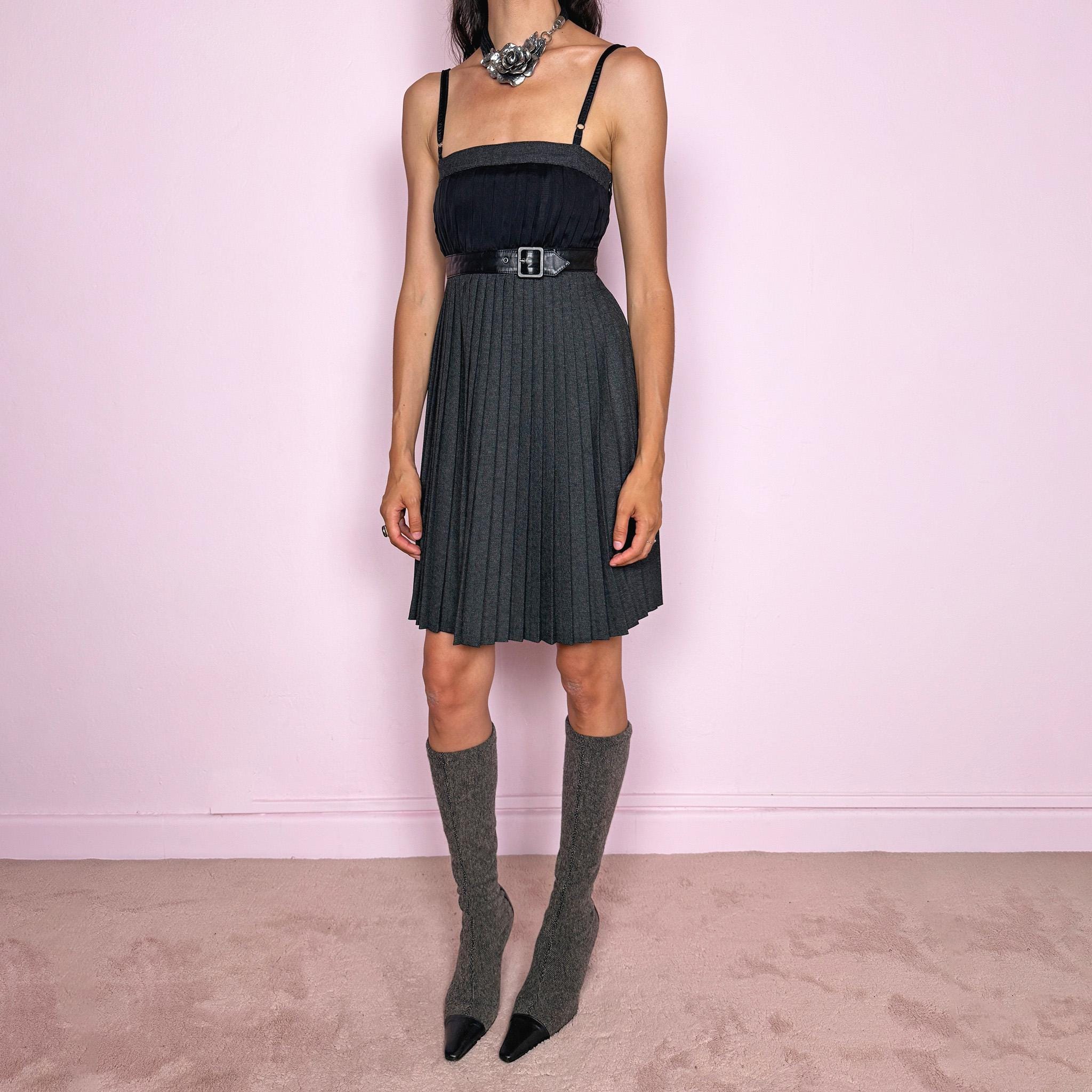 Vintage Gray Mini Dress Dolce Gabbana D&G Pleated Designer Formal