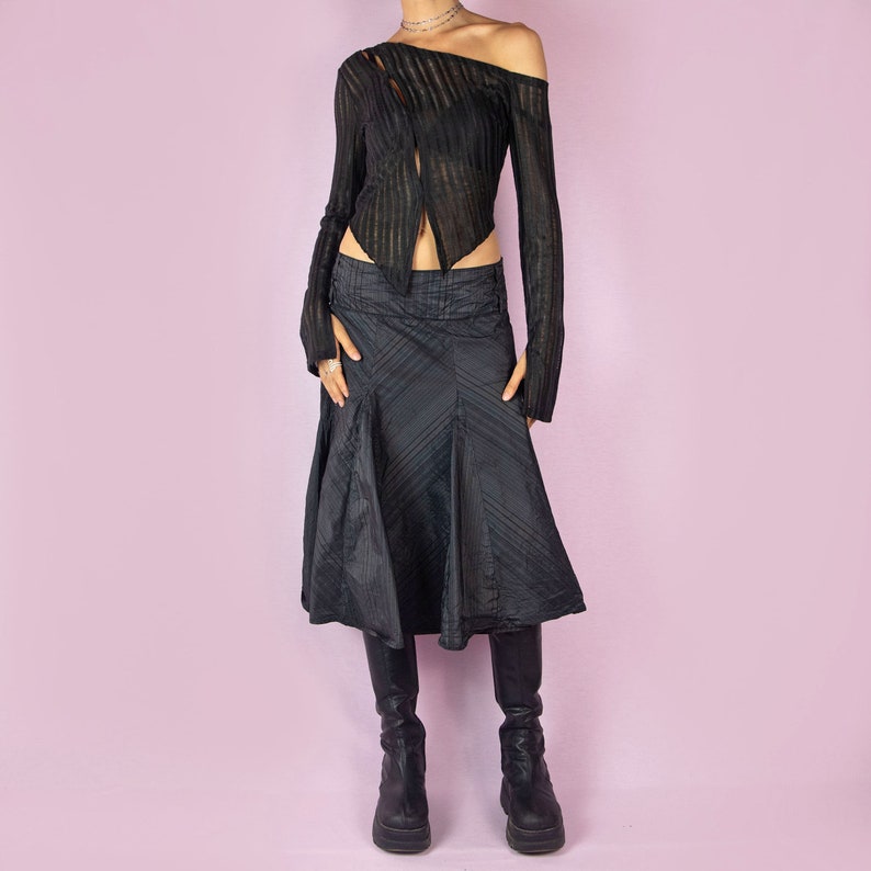 Vintage Y2K Black Midi Skirt Circle Godet Pinstripe Skirt 2000s Size ...