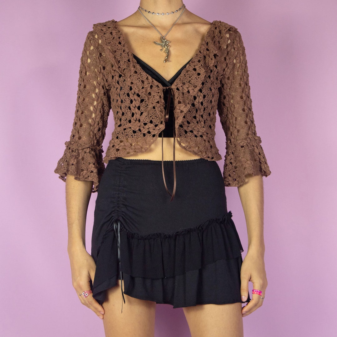 Vintage Y2K brown ditsy floral ruffle hem mesh midi skirt