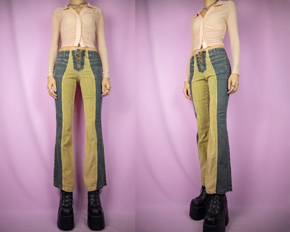 2000s Y2K Lace up Flare Jeans Dark Denim Pants Grunge Corduroy