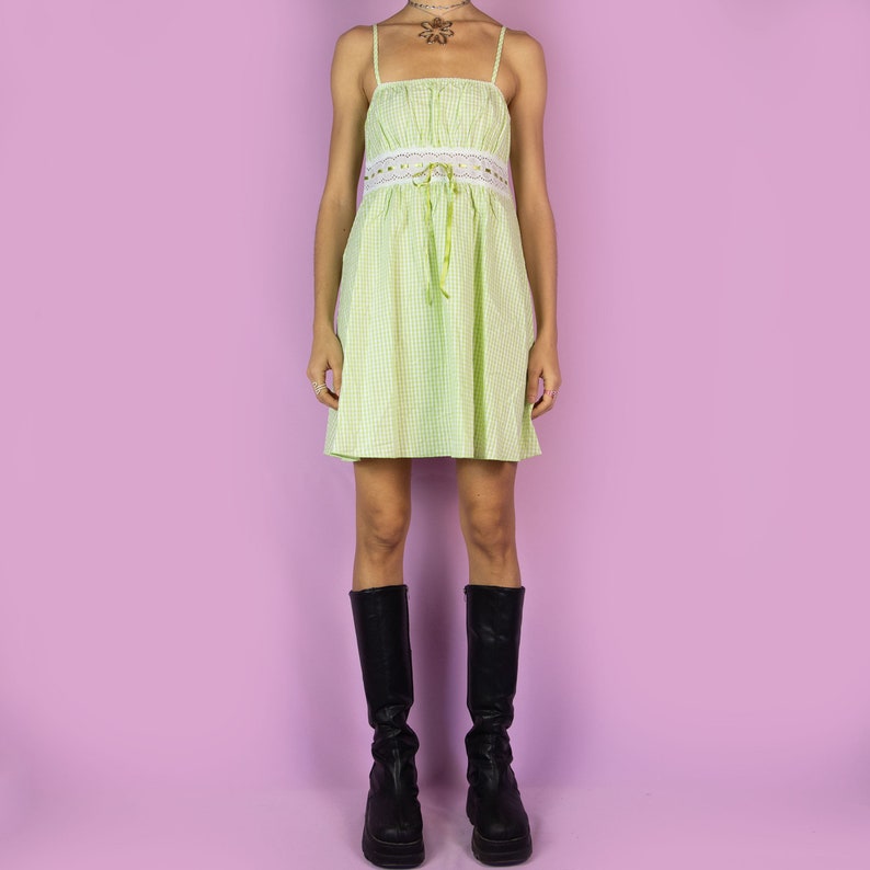 Vintage 90s Check Plaid Mini Dress Gingham Vichy Cami Slip Dress Size