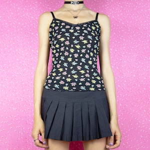 Vintage Y2K Mesh Cami, Black Floral Lace Trim Top 2000s – Size M