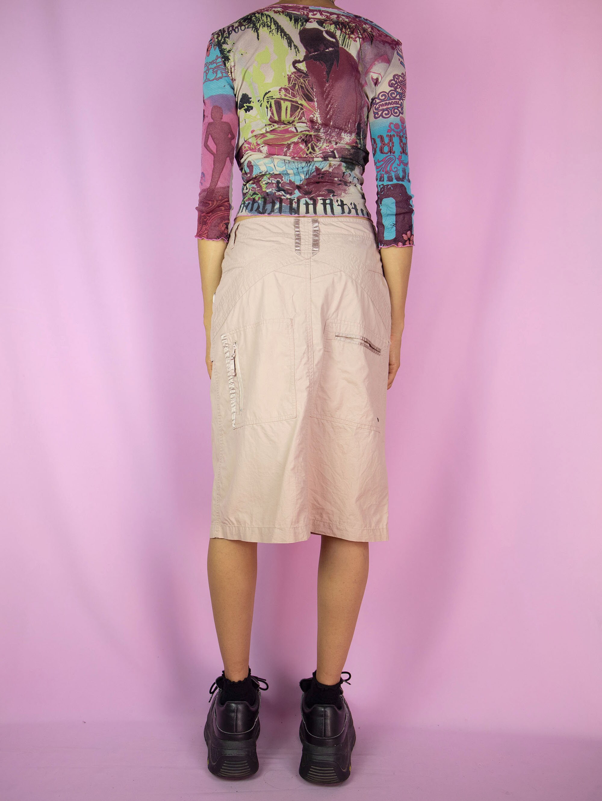 Her Iip to Flight Mode Cargo Skirt ピンク Vintage Pink Cargo Midi Skirt, Utility Pockets Y2K - Size