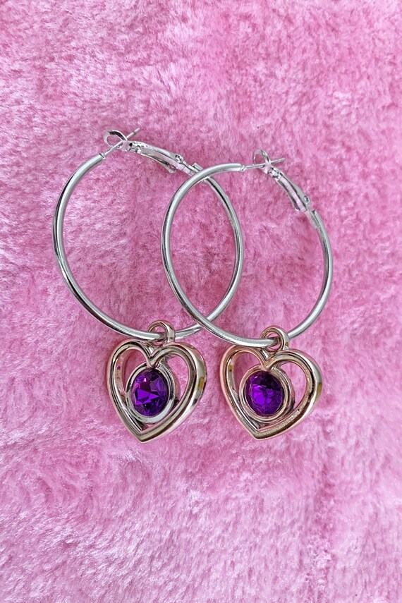 Y2k Heart Hoop Earrings Purple Rhinestone Rose Gold Cyber | Etsy