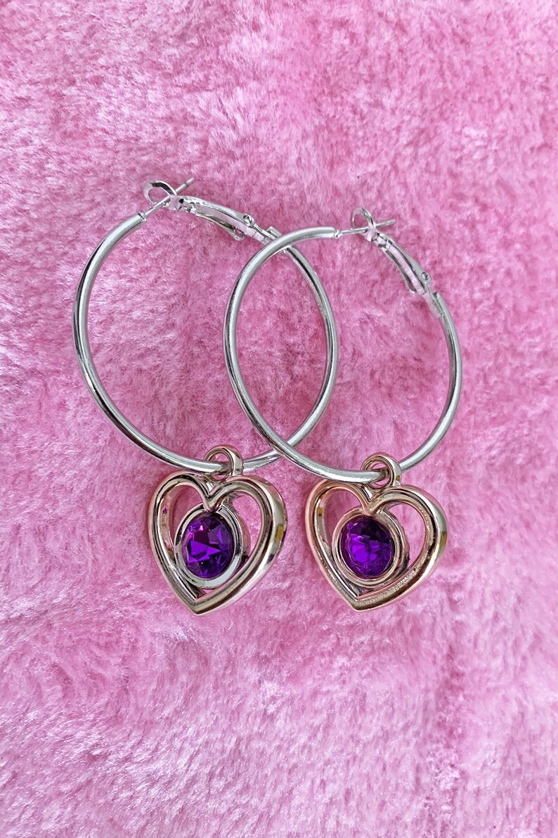 Y2k Heart Hoop Earrings Purple Rhinestone Rose Gold Cyber Etsy