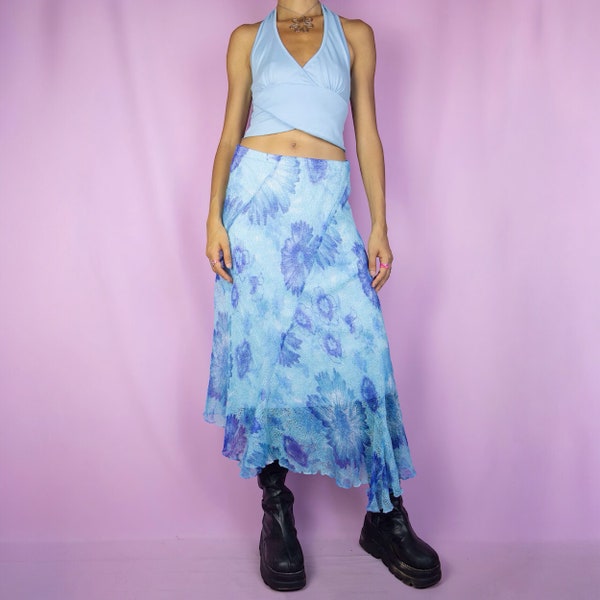 Vintage Y2K Mesh Midi Skirt Blue Floral Asymmetric Maxi Skirt 2000s - Size Medium