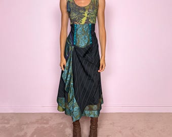 Vintage Draped Midi Dress Striped Lace Medieval Baroque Avant Garde Y2K 2000s Size S