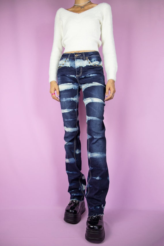2000s Y2K Striped Bleach Jeans Acid Wash Pants Tie Dy… - Gem