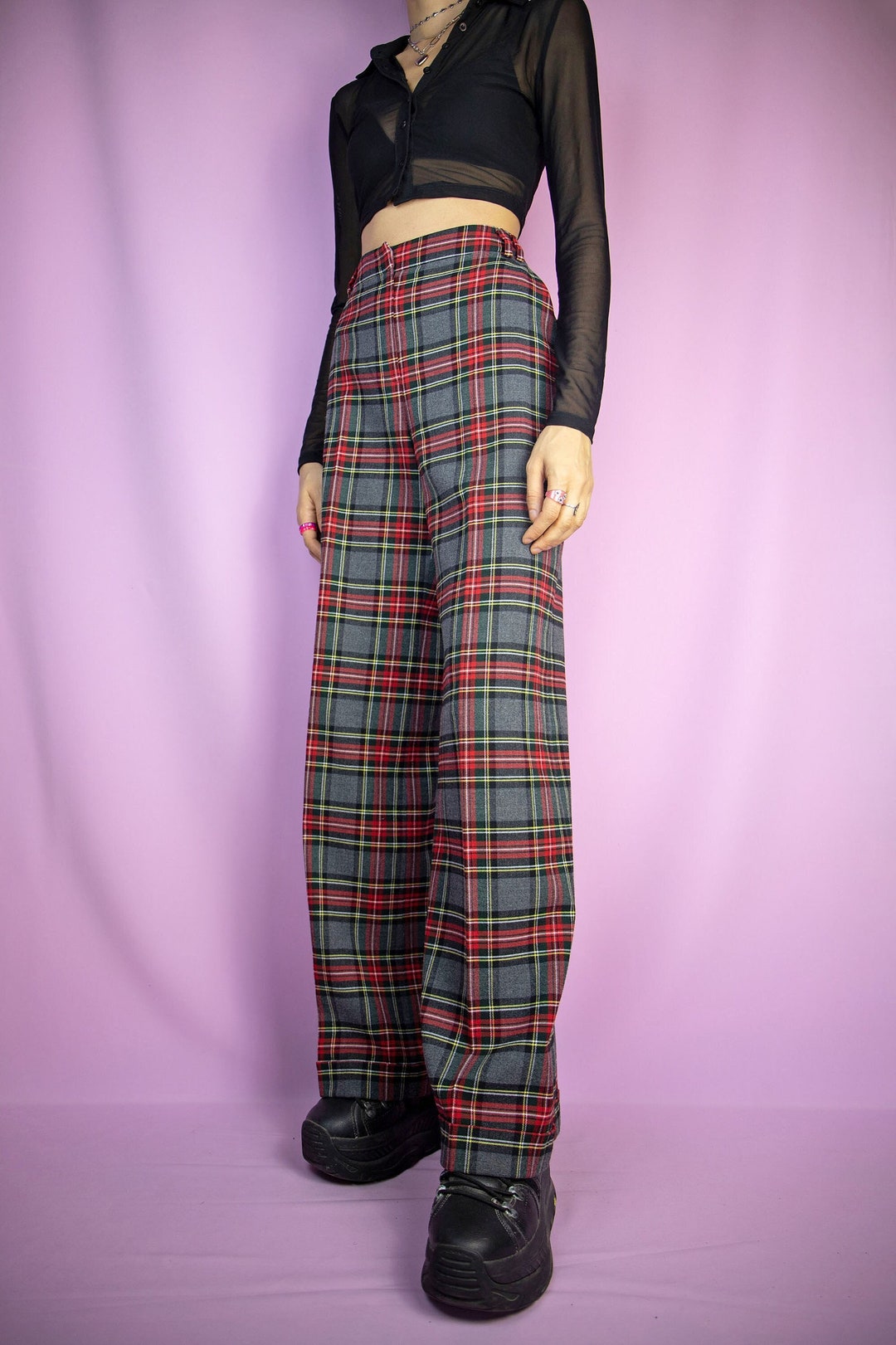 Vintage Y2K Plaid Wide Pants Red Gray Check Trousers Tartan - Etsy