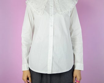 Vintage Y2K witte kraag blouse romantisch preppy kantoorwerk shirt jaren 2000 - maat XS