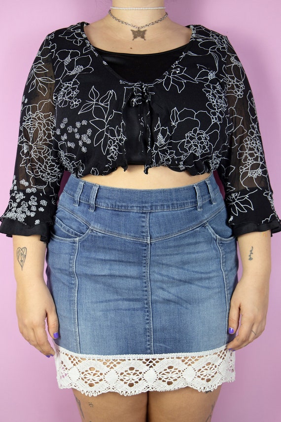 2000s Y2K Denim Lace Mini Skirt Crochet Trim Jean Cyb… - Gem