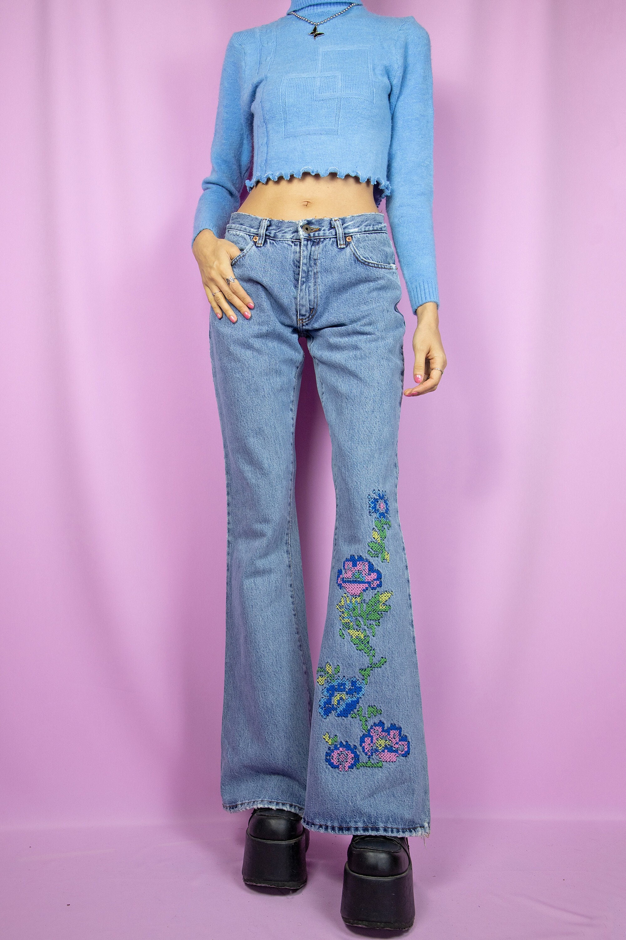 2000s Y2K Floral Flare Jeans Mid Rise Pants Denim Trousers - Etsy