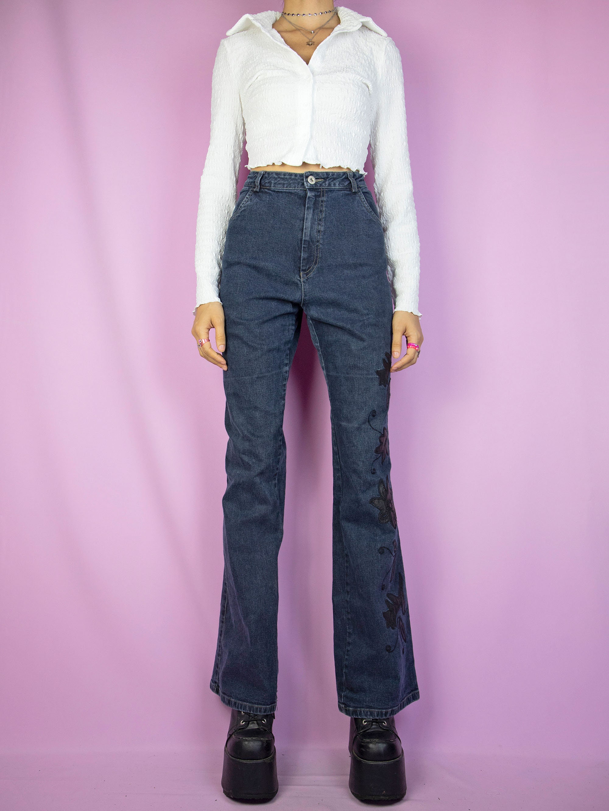 2000s Y2K Floral Flare Jeans Dark Denim Pants Appliqué Wide - Etsy