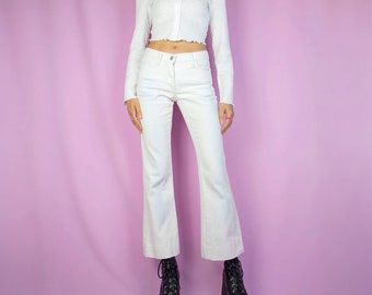 Vintage Y2K blanco flare jeans mid rise pantalones recortados 2000s - Tamaño XS