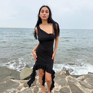 Vintage Black Dress, Y2K Mini Asymmetric Cowl Neck Ruffle Hem 2000s – Size S