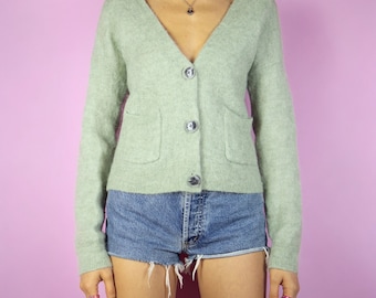 Vintage Y2K Knit Cardigan Light Green Boho Wool Sweater 2000s - Size Small