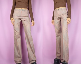 Vintage Y2K pantalones anchos a rayas multicolor impreso mid rise pantalones 2000s - tamaño mediano