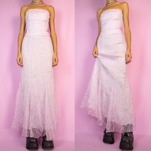 Vintage 90s Strapless Maxi Dress Lilac Purple Romantic Party Sheer Midi Dress - Size Small